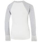 Back view of teens baseball style ScratchSleeves pyjama top with external shoulder, neck and hem seams. White body and grey marl neck and sleeves, with white sewn in mitts. 100% cotton body and 100% natural silk mitts.