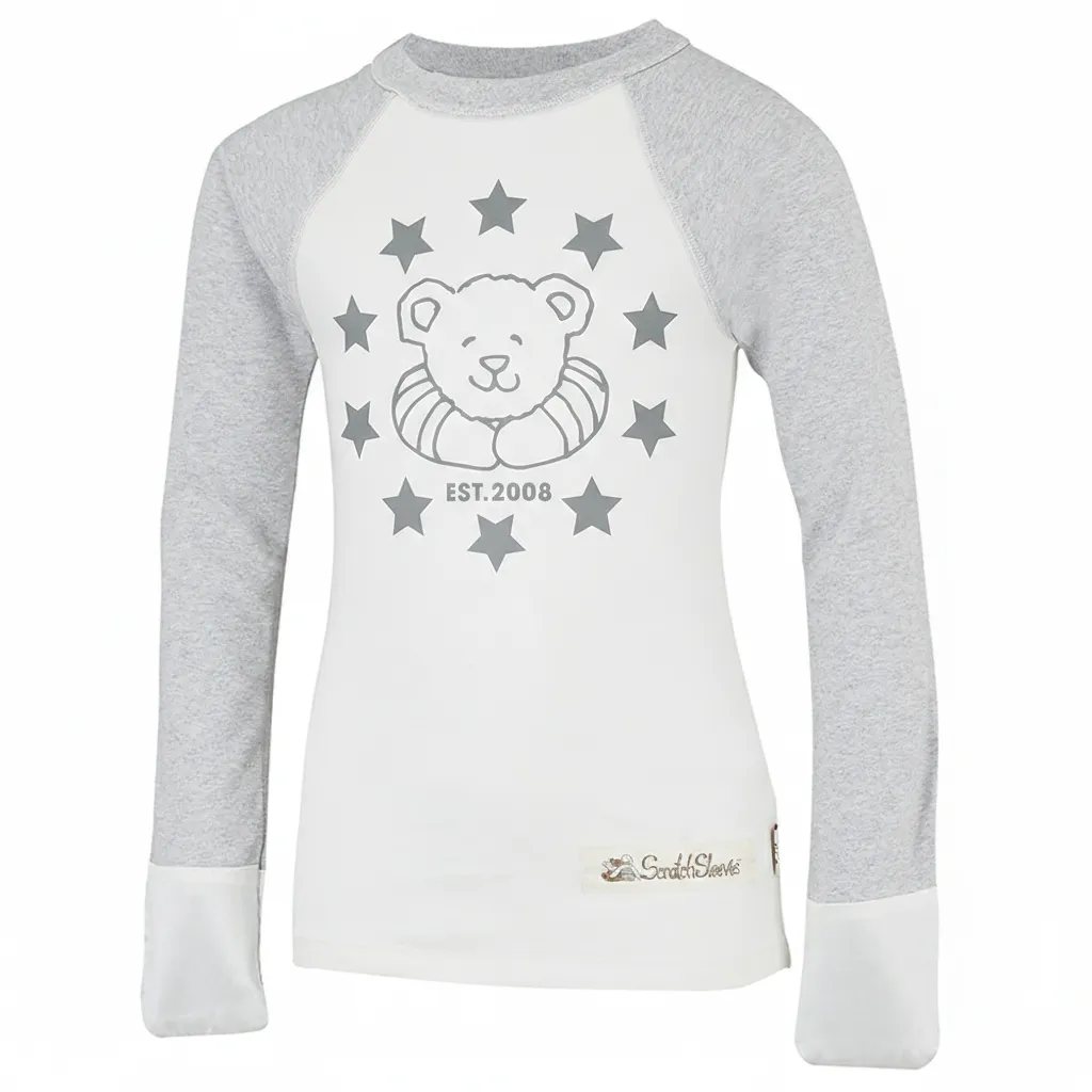 Front view of children's baseball style ScratchSleeves pyjama top with external shoulder, neck and hem seams. White body with grey printed logo featuring a bear, stars and est.2008. Grey marl neck and sleeves, with white sewn in mitts. 100% cotton body and 100% natural silk mitts. External label and branding on the left side towards the base of the top.