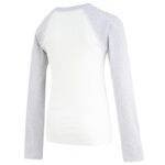 Back view of teens baseball style flip-mitt ScratchSleeves pyjama top with external shoulder, neck and hem seams. White body and grey marl neck and sleeves, with mitts folded back. 100% cotton body and 100% natural silk mitts.