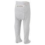 Back view of ScratchSleeves babies, toddlers and children's pyjama bottoms with sewn in feet. External leg, waist and bottom seams. Closed feet with a layer of white, 100% woven cotton over the front of the foot, under the toe and inside the ankle. Grey marl 100% cotton jersey legs with white external seams. External label and branding on the back near the top of the pyjama bottoms.