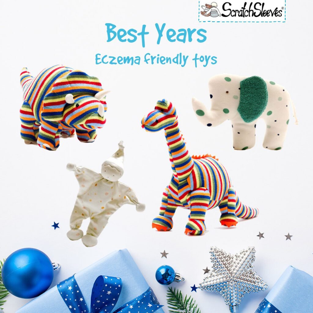 Stripy dinosaur cuddly toys in washable fabrics are perfect gifts for little ones with sensitive skin