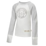 Front view of children's baseball style flip-mitt ScratchSleeves pyjama top with external shoulder, neck and hem seams. White body with grey screen printed logo featuring a bear and est.2008. Grey marl neck and sleeves, with white mitts folded down to cover hands. 100% cotton body and 100% natural silk mitts. External label and branding on the left side towards the base of the top.