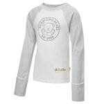 Front view of children's baseball style flip-mitt ScratchSleeves pyjama top with external shoulder, neck and hem seams. White body with grey screen printed logo featuring a bear and est.2008. Grey marl neck and sleeves, with mitts folded back. 100% cotton body and 100% natural silk mitts. External label and branding on the left side towards the base of the top.