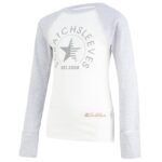 Front view of teens baseball style flip-mitt ScratchSleeves pyjama top with external shoulder, neck and hem seams. White body with grey screen printed logo featuring a star and est.2008. Grey marl neck and sleeves, with mitts folded back. 100% cotton body and 100% natural silk mitts. External label and branding on the left side towards the base of the top.