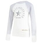 Front view of teens baseball style flip-mitt ScratchSleeves pyjama top with external shoulder, neck and hem seams. White body with grey screen printed logo featuring a star and est.2008. Grey marl neck and sleeves, with white mitts folded down to cover hands. 100% cotton body and 100% natural silk mitts. External label and branding on the left side towards the base of the top.