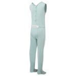 Back view of ScratchSleeves childrens seafoam dungarees with no inside leg seam and sewn in feet. Reinforced opening at the back, from the neck down to mid back with green buttons holding it closed. Additional button to the right with loop closure and extra tab which folds over to the neckline with button fastening. Closed feet with a layer of grey, 100% woven cotton over the front of the foot and under the toe. Seafoam green, sleeveless body in 100% cotton jersey, edged in grey woven cotton trim on the arm and neck. External branding on the back at the bottom of the opening.