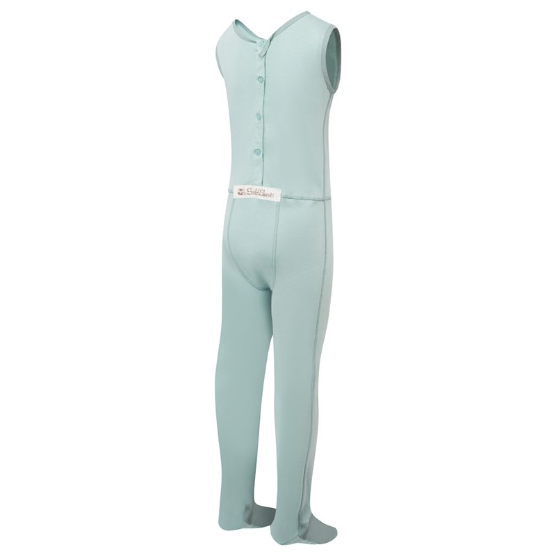 Back view of ScratchSleeves childrens seafoam dungarees with no inside leg seam and sewn in feet. Reinforced opening at the back, from the neck down to mid back with green buttons holding it closed. Additional button to the right with loop closure and extra tab which folds over to the neckline with button fastening. Closed feet with a layer of grey, 100% woven cotton over the front of the foot and under the toe. Seafoam green, sleeveless body in 100% cotton jersey, edged in grey woven cotton trim on the arm and neck. External branding on the back at the bottom of the opening.