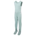 Front view of ScratchSleeves childrens seafoam dungarees with no inside leg seam and sewn in feet. Closed feet with a layer of grey, 100% woven cotton over the front of the foot and under the toe. Seafoam green, sleeveless body in 100% cotton jersey, edged in grey woven cotton trim on the arm and neck.
