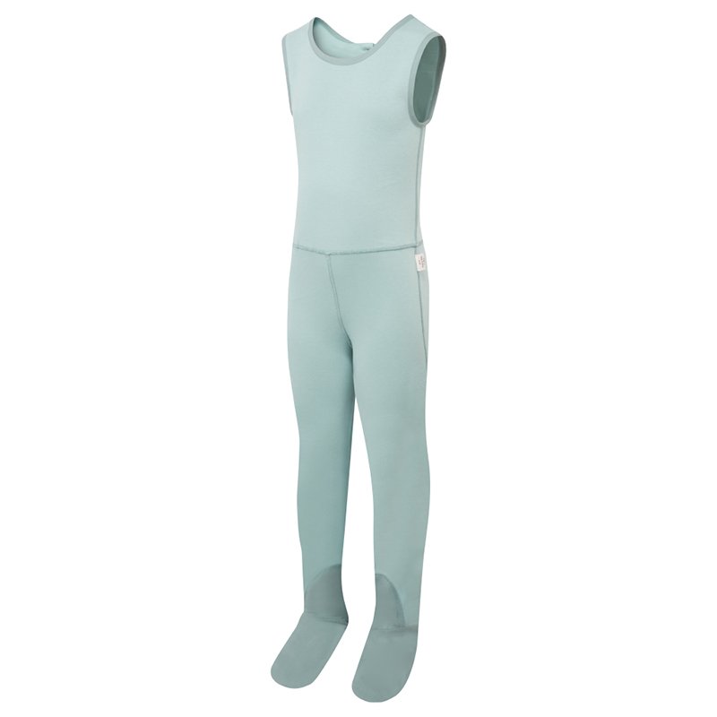 Front view of ScratchSleeves childrens seafoam dungarees with no inside leg seam and sewn in feet. Closed feet with a layer of grey, 100% woven cotton over the front of the foot and under the toe. Seafoam green, sleeveless body in 100% cotton jersey, edged in grey woven cotton trim on the arm and neck.