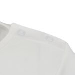 Close up of poppers on neck of ScratchSleeves children's sleepy bear pyjama top. White dye-free 100% cotton jersey pyjama top with white poppers. Shows neck can be made bigger so as not to drag over sore faces and super secure once poppered up.