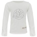 Front view of ScratchSleeves children's grey sleepy bear pyjama top. White dye-free pyjama top with popper neck opening on the right, white sewn in mitts and grey sleeping bear print. 100% cotton jersey body with 100% natural silk mitts. External label and branding on the left side towards the base of the top.