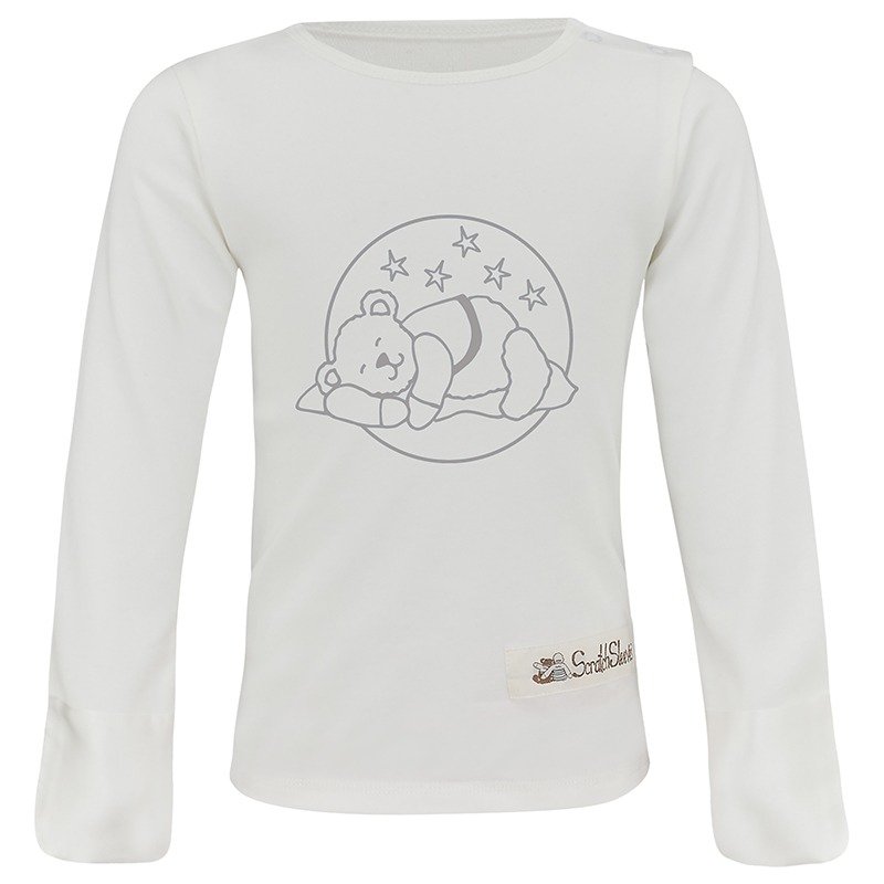 Front view of ScratchSleeves children's grey sleepy bear pyjama top. White dye-free pyjama top with popper neck opening on the right, white sewn in mitts and grey sleeping bear print. 100% cotton jersey body with 100% natural silk mitts. External label and branding on the left side towards the base of the top.