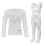 Front view of ScratchSleeves toddlers grey stripe dungarees with no inside leg seam and sewn in feet. Closed feet with a layer of white, 100% woven cotton over the front of the foot and under the toe. grey and white striped, sleeveless body in 100% cotton jersey, edged in white woven cotton trim on the arm and neck. Front view of ScratchSleeves children's grey sleepy bear pyjama top. White dye-free pyjama top with popper neck opening on the right, white sewn in mitts and grey sleeping bear print. 100% cotton jersey body with 100% natural silk mitts. External label and branding on the left side towards the base of the top.