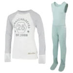 Front view of baseball style ScratchSleeves pyjama top with external shoulder, neck and hem seams. White body with grey printed logo featuring a hexagon and est.2008. Grey marl neck and sleeves, with white sewn in mitts. 100% cotton body and 100% natural silk mitts. External label and branding on the left side towards the base of the top. Front view of ScratchSleeves seafoam dungarees with no inside leg seam and sewn in feet. Closed feet with a layer of grey, 100% woven cotton over the front of the foot and under the toe. Seafoam green, sleeveless body in 100% cotton jersey, edged in grey woven cotton trim on the arm and neck.