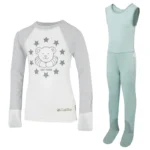 Front view of baseball style ScratchSleeves pyjama top with external shoulder, neck and hem seams. White body with grey printed logo featuring a bear, stars and est.2008. Grey marl neck and sleeves, with white sewn in mitts. 100% cotton body and 100% natural silk mitts. External label and branding on the left side towards the base of the top. Front view of ScratchSleeves seafoam dungarees with no inside leg seam and sewn in feet. Closed feet with a layer of grey, 100% woven cotton over the front of the foot and under the toe. Seafoam green, sleeveless body in 100% cotton jersey, edged in grey woven cotton trim on the arm and neck.