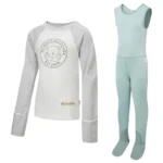 Front view of children's baseball style flip-mitt ScratchSleeves pyjama top with external shoulder, neck and hem seams. White body with grey screen printed logo featuring a bear and est.2008. Grey marl neck and sleeves, with mitts folded back. 100% cotton body and 100% natural silk mitts. External label and branding on the left side towards the base of the top. Front view of ScratchSleeves childrens seafoam dungarees with no inside leg seam and sewn in feet. Closed feet with a layer of grey, 100% woven cotton over the front of the foot and under the toe. Seafoam green, sleeveless body in 100% cotton jersey, edged in grey woven cotton trim on the arm and neck.