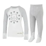 Front view of baseball style ScratchSleeves pyjama top with external shoulder, neck and hem seams. White body with grey printed logo featuring a bear, stars and est.2008. Grey marl neck and sleeves, with white sewn in mitts. 100% cotton body and 100% natural silk mitts. External label and branding on the left side towards the base of the top. Front view of ScratchSleeves grey marl pyjama bottoms with no inside leg seam and sewn in feet. Closed feet with a layer of white, 100% woven cotton over the front of the foot and under the toe. 100% cotton jersey.