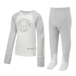 Front view of children's baseball style flip-mitt ScratchSleeves pyjama top with external shoulder, neck and hem seams. White body with grey screen printed logo featuring a bear and est.2008. Grey marl neck and sleeves, with mitts folded back. 100% cotton body and 100% natural silk mitts. External label and branding on the left side towards the base of the top. Front view of ScratchSleeves childrens seafoam dungarees with no inside leg seam and sewn in feet. Closed feet with a layer of grey, 100% woven cotton over the front of the foot and under the toe. Seafoam green, sleeveless body in 100% cotton jersey, edged in grey woven cotton trim on the arm and neck.