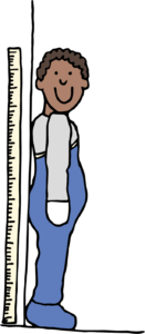 Drawing of a child stood against a wall with a tape measure, measuring from the floor up to the top of the head.