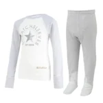 Front view of children's baseball style flip-mitt ScratchSleeves pyjama top with external shoulder, neck and hem seams. White body with grey screen printed logo featuring a bear and est.2008. Grey marl neck and sleeves, with mitts folded back. 100% cotton body and 100% natural silk mitts. External label and branding on the left side towards the base of the top. Front view of ScratchSleeves childrens seafoam dungarees with no inside leg seam and sewn in feet. Closed feet with a layer of grey, 100% woven cotton over the front of the foot and under the toe. Seafoam green, sleeveless body in 100% cotton jersey, edged in grey woven cotton trim on the arm and neck.